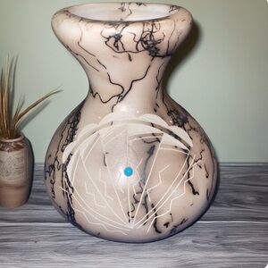 Horse Hair Navajo Pottery Pot Vase Etched 5.5” Turqoise Native American Signed